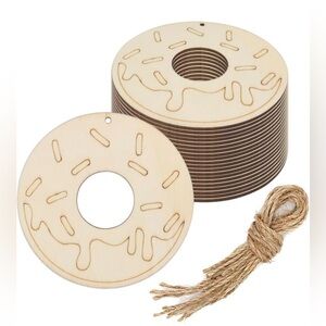 20pcs Donuts Wood Crafts Cutouts Wooden Donuts Shaped with Hole Hemp Ropes